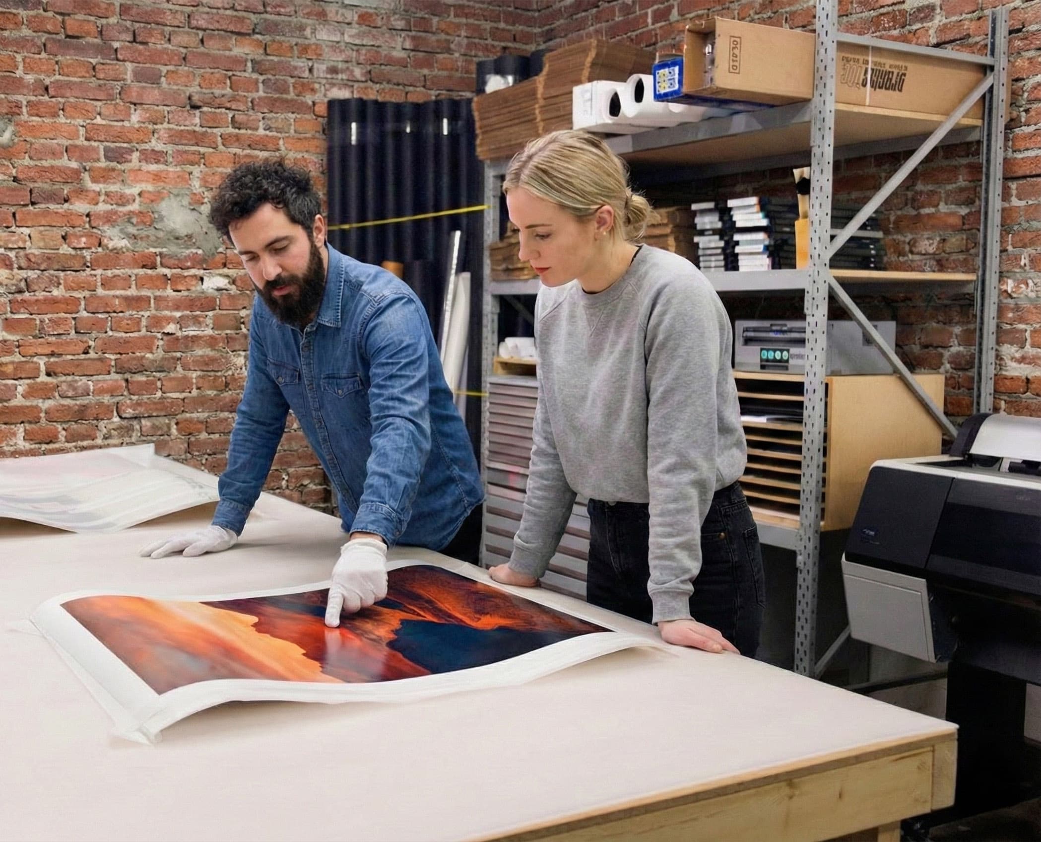 Team inspecting quality print