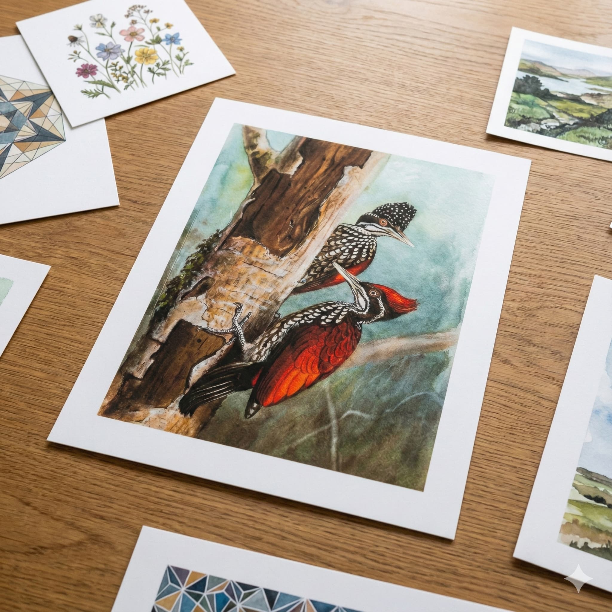 High-quality archival art prints on wooden surface